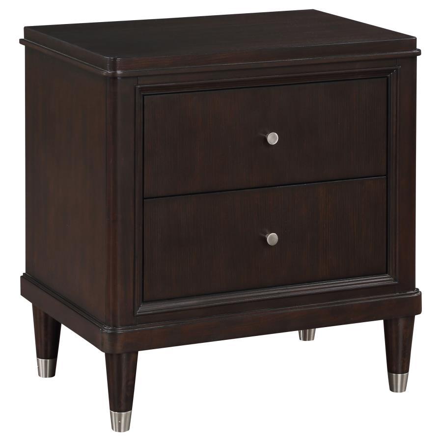 Accentuate bedroom decor with the chic look and impressive functionality of a modern two-drawer nightstand. Its sleek look is accentuated with delicate trim and petite round knobs on each drawer. A dark brown finish ensures a versatile palette, complement