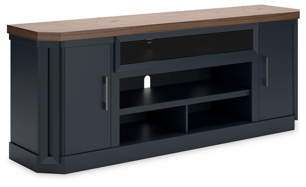 This TV stand combines casual contemporary design with modern appeal. Its combination of a thick-bodied wood-tone top with a slate blue cabinet is a smart choice on so many levels. Stow away electronics in the roomy cabinets, and use the upper shelf to co