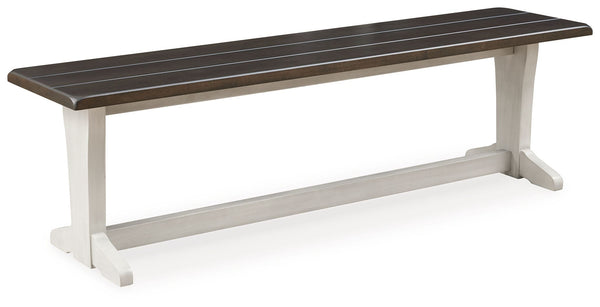 Make a farmhouse-inspired statement with this dining bench. It-'s beautifully crafted with a clean, classic two-tone finish and a thick planked effect. Making room for the whole family, this bench sports a casually comfortable vibe.<br/><br/><b>Product Fe