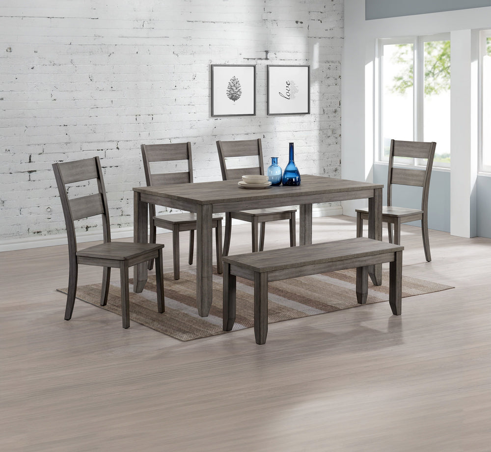 This dining group exudes contemporary elegance and rustic charm, making it a versatile addition to any dining space. The set features a robust rectangular table, finished in a sleek gray wash that highlights the natural wood grain, providing a warm and in