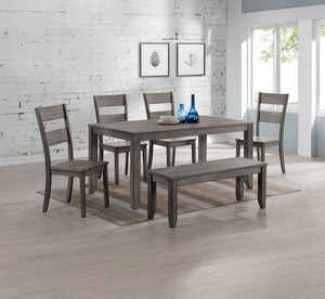 This dining group exudes contemporary elegance and rustic charm, making it a versatile addition to any dining space. The set features a robust rectangular table, finished in a sleek gray wash that highlights the natural wood grain, providing a warm and in