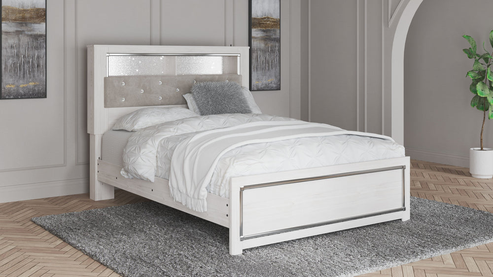 The epitome of fashion-forward design, this queen upholstered bookcase bed is a beautiful blend of comfort and luxury. Shiny chrome-tone accents, a pearlized finish and button-tufted upholstery bring a glam touch to the richly rustic appearance. Remote-co