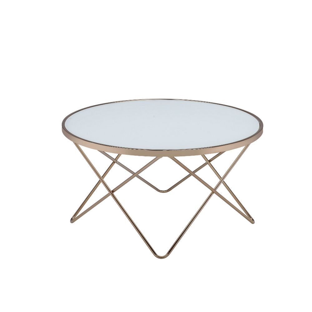 Update your living room with a functional art piece. The Valora coffee table uses a mid-century inspired base finished in champagne supports a framed frosted glass top. The collection works well as an eclectic feel.<br/><br/><b>Product Features</b><ul><li