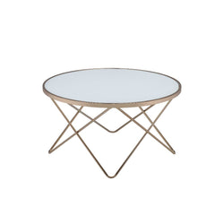 Update your living room with a functional art piece. The Valora coffee table uses a mid-century inspired base finished in champagne supports a framed frosted glass top. The collection works well as an eclectic feel.<br/><br/><b>Product Features</b><ul><li