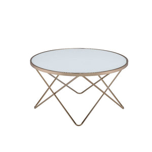 Update your living room with a functional art piece. The Valora coffee table uses a mid-century inspired base finished in champagne supports a framed frosted glass top. The collection works well as an eclectic feel.<br/><br/><b>Product Features</b><ul><li