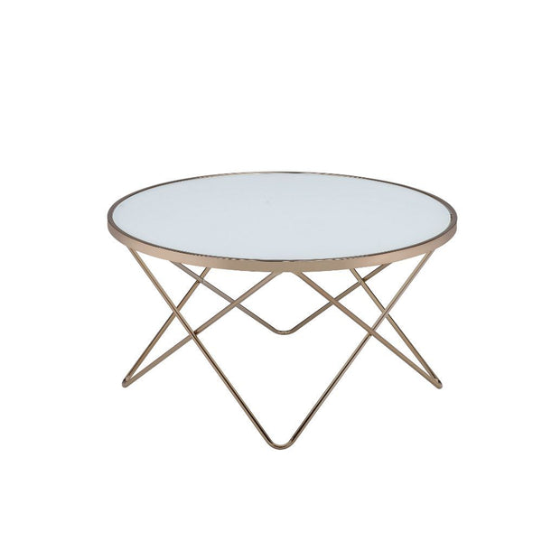 Update your living room with a functional art piece. The Valora coffee table uses a mid-century inspired base finished in champagne supports a framed frosted glass top. The collection works well as an eclectic feel.<br/><br/><b>Product Features</b><ul><li
