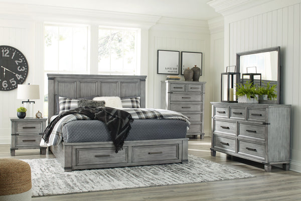  mansion-scale headboard lends a fresh take on a timeless design. The footboard features two storage drawers with