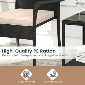 Crafted from appealing and long-lasting PE rattan<br>Comfortable to sit with ergonomic backrest and armrests<br>Soft seat cushions bring more coziness<br>Zippered cushion covers for simple maintenance<br>Side table with 2-tier design for more storage spac