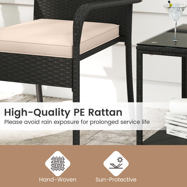Crafted from appealing and long-lasting PE rattan<br>Comfortable to sit with ergonomic backrest and armrests<br>Soft seat cushions bring more coziness<br>Zippered cushion covers for simple maintenance<br>Side table with 2-tier design for more storage spac