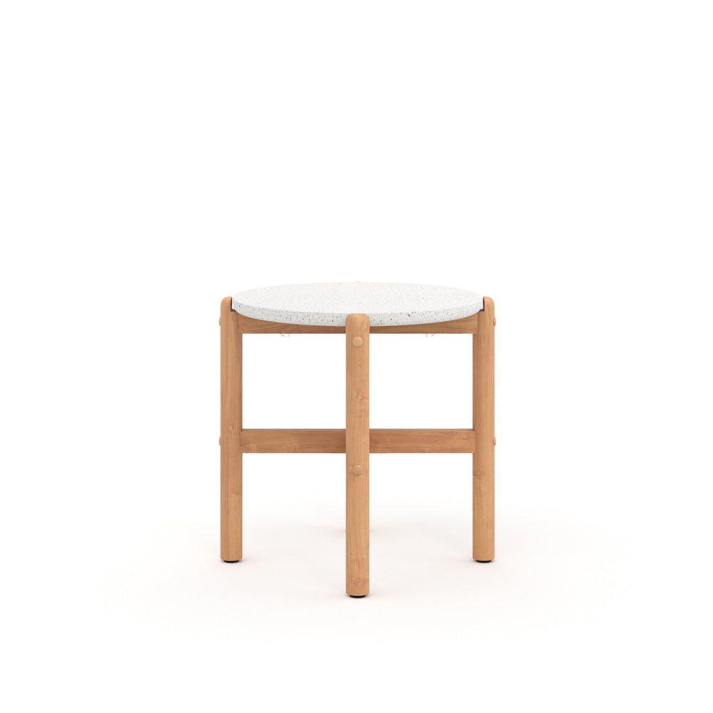 Introducing the Solstice Outdoor End Table with Terrazzo Top, a stunning addition to your outdoor living space. Crafted from FSC Certified Acacia Solid Wood, this side table is both durable and eco-friendly, promising years of enjoyment. The light, clear 