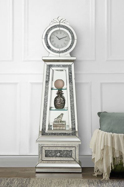 Assembled. Roman numeral. Clock Number. 1 x AA1.5V Battery Required. Quartz mechanism.<br/><br/><b>Product Features</b><ul><li>Grandfather Clock</li><li>Standing Flat Wall</li><li>Storage: 3 Tier Shelf & 1 Storage Drawer</li><li>Beveled Mirrored Case-Fram