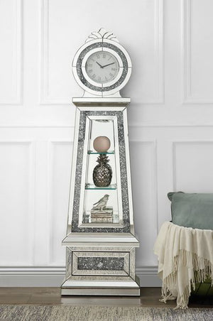 Assembled. Roman numeral. Clock Number. 1 x AA1.5V Battery Required. Quartz mechanism.<br/><br/><b>Product Features</b><ul><li>Grandfather Clock</li><li>Standing Flat Wall</li><li>Storage: 3 Tier Shelf & 1 Storage Drawer</li><li>Beveled Mirrored Case-Fram