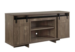 Begin designing your cozy and farmhouse style living room with the Bellarosa TV Stand. It is design with a wooden case-frame with sled base full of warm brown and rustic elements. Two sliding barn doors with metal hardware add textures to this wooden piec
