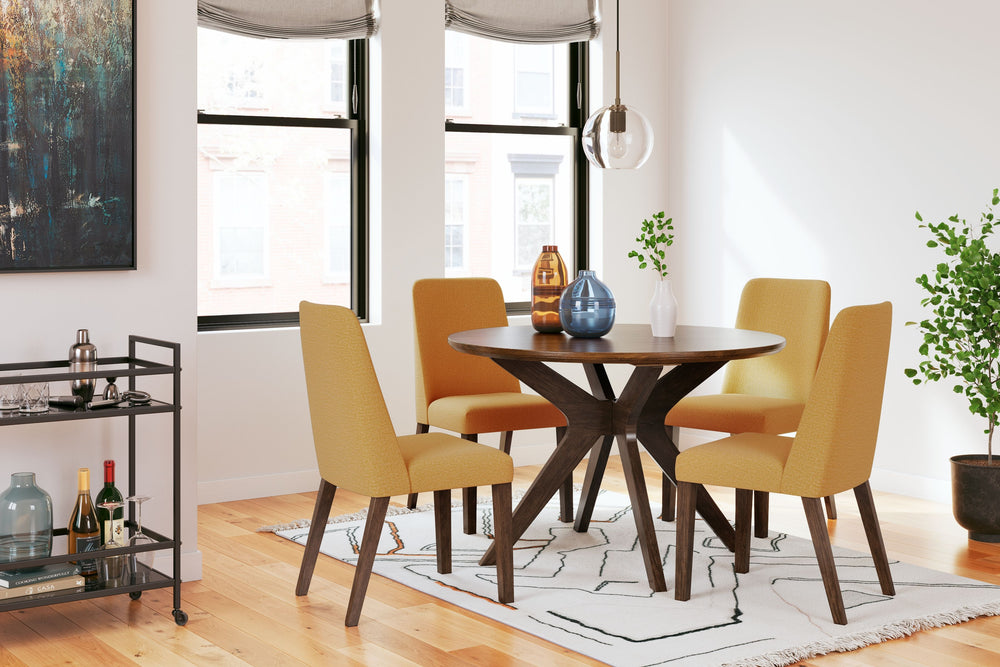 This dining set is a refreshed take on retro aesthetics. The dining table adds an air of playful simplicity to your dining space and the side chair seats invite the eye with a soft-edged silhouette cushion. This set captures the architectural language of 