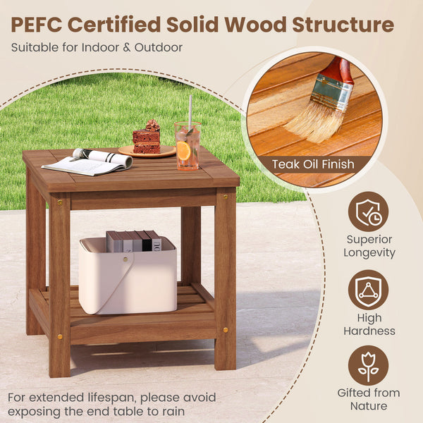 Crafted of solid wood  warp-resistant  reliable  built to last<br>The wood surface with delicate craftsmanship is smooth and splinter-free<br>Treated with waterproof teak oil finish for added protection<br>Comes with a tabletop and a bottom shelf  keep it