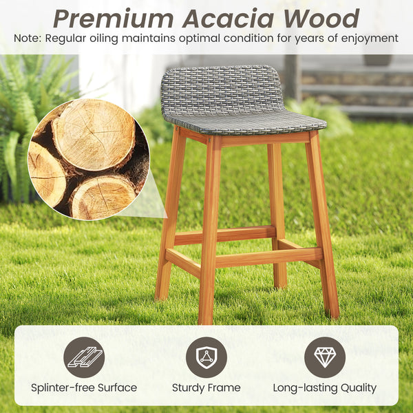 High-quality acacia wood construction for durability<br>Splinter-free surfaces for a smooth and safe touch<br>Ergonomic design with a supportive backrest and curved armrests<br>PE rattan seat is fade-resident for long-time use<br>Added footrests for a coz