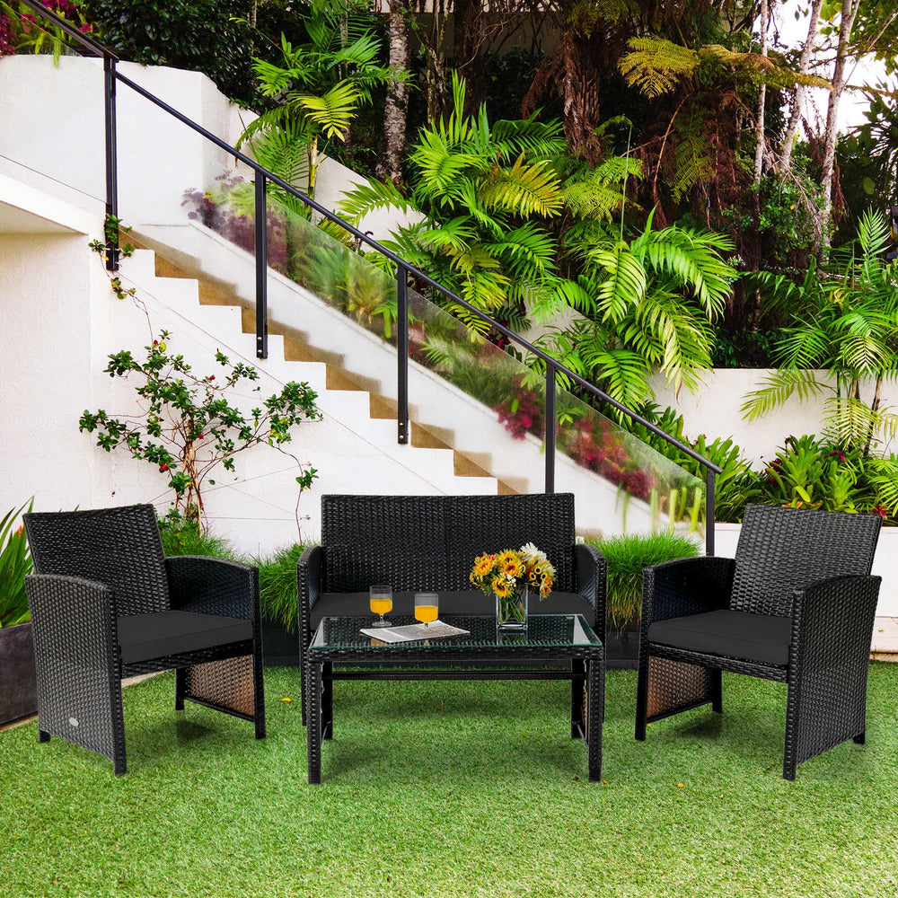 This four-piece rattan furniture set brightens up your living space while providing a comfortable seat. Â  Crafted with premium rattan  each piece creates a cool and textured appearance  which perfectly matches your outdoor or indoor space. In addition  r