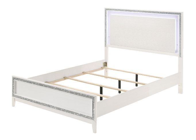 Classic design with touches of modern aspects makes this Haiden Collection ideal for any bedroom. The bed offers a cream fabric padded headboard with LED light. It also features a glamorous shimmering silver accent trim that adds richness to design. The w