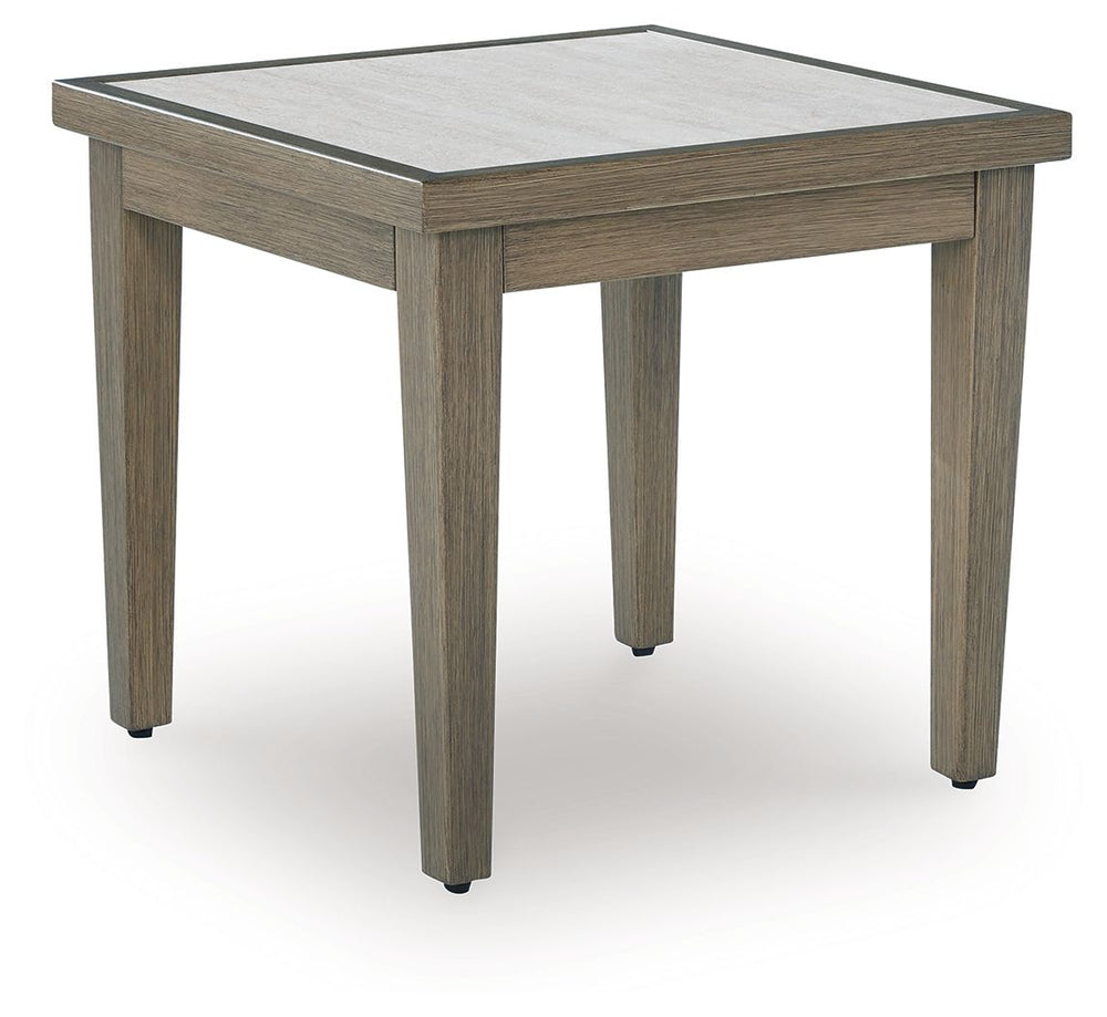 Experience the perfect combination of durability and style with this outdoor end table. An aluminum frame with a wood-look finish maintains a sleek, contemporary aesthetic, while the sintered stone tabletop adds an element of natural elegance. This deligh