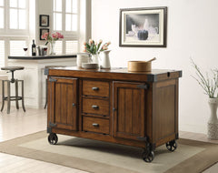The Kabili kitchen cart with durable construction of wood and metal in a unique distress tobacco finish will become a stylish and function centerpiece of your home. The kitchen cart rests on casters, allowing you to move it easily. The storage space inclu