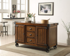 The Kabili kitchen cart with durable construction of wood and metal in a unique distress tobacco finish will become a stylish and function centerpiece of your home. The kitchen cart rests on casters, allowing you to move it easily. The storage space inclu