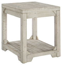 Take in the country fresh look of this end table and connect with a simpler time. Its farmhouse style is evident in its stocky design with planked top/bottom shelf, unique triangle accents and relaxed white washed finish. With a handcrafted look thanks to