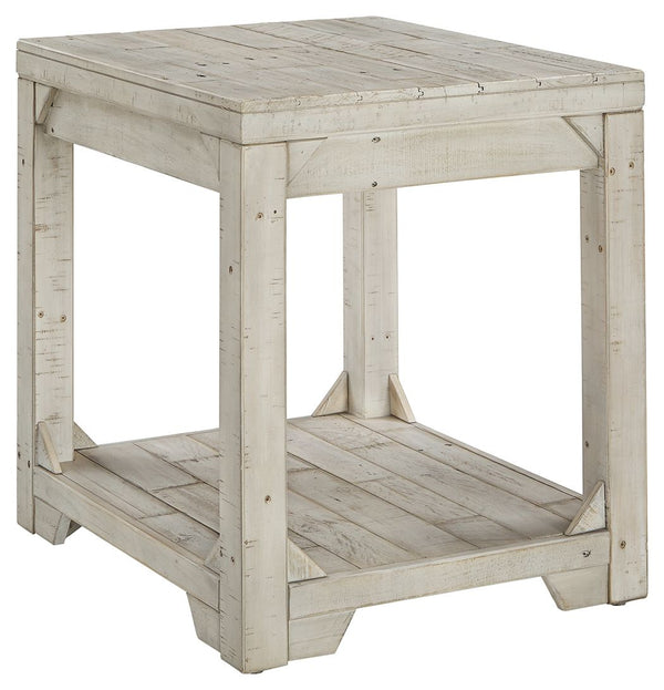 Take in the country fresh look of this end table and connect with a simpler time. Its farmhouse style is evident in its stocky design with planked top/bottom shelf, unique triangle accents and relaxed white washed finish. With a handcrafted look thanks to