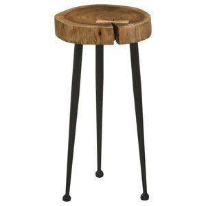 A slice of natural acacia wood brings organic flair to a charming live edge accent table. Its petite size is the perfect choice for a compact sitting area or tucked nest to an armchair, adding earthy elegance. The round tabletop is supported with three ta