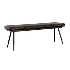 Blending rustic charm with industrial appeal, this dining bench is a bold yet versatile seating option. Upholstered in hand-dyed genuine goat leather, the padded seat with vertical tufting offers both comfort and durability. The sleek black metal base, fe