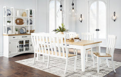 Modern farmhouse design. Made with Oak veneer, hardwood solids, MDF substrates, and engineered wood. Stylish two-tone finish featuring butcher block oak veneer tops and classic white cases. Buffet features 3 spacious storage cabinets and upper drawers wit