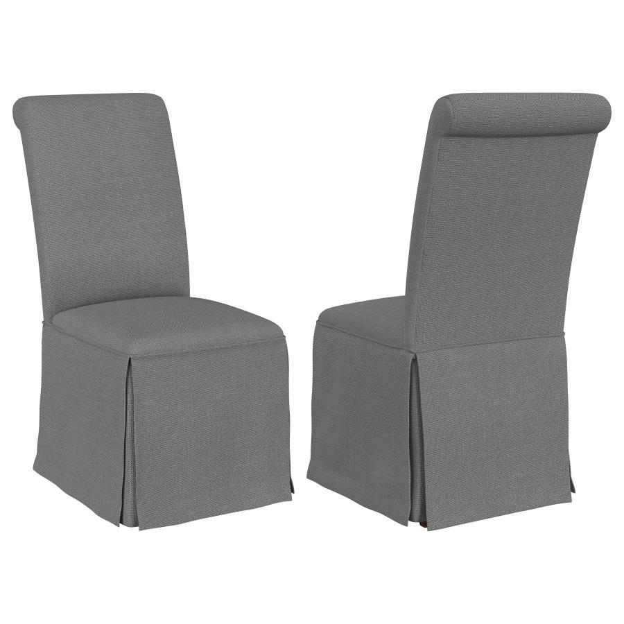 Put a stylish, somewhat formal spin on your dining room decor with a set of two classic parson chairs. Each features a tall back with an armless profile for impeccable comfort and elegance. The chair features plush foam padding, complete with neutral upho