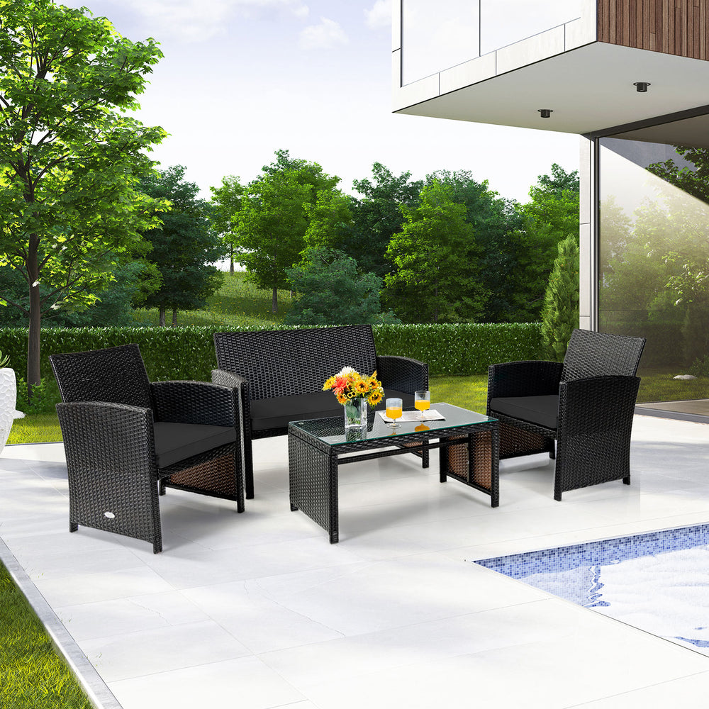 This four-piece rattan furniture set brightens up your living space while providing a comfortable seat. Â  Crafted with premium rattan  each piece creates a cool and textured appearance  which perfectly matches your outdoor or indoor space. In addition  r