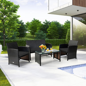This four-piece rattan furniture set brightens up your living space while providing a comfortable seat. Â  Crafted with premium rattan  each piece creates a cool and textured appearance  which perfectly matches your outdoor or indoor space. In addition  r