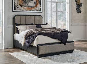 Rowanbeck - Gray / Black - Queen Upholstered Panel Bed