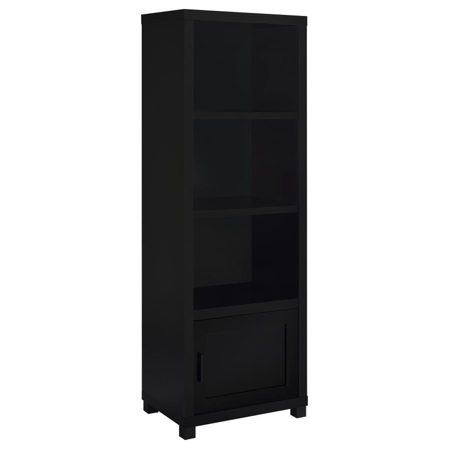 Immerse yourself in the sleek sophistication of this media tower bookcase, a beacon of organization and style. With three tiers of shelving, it presents a stage for your cherished books and collectibles, turning clutter into a curated display. Below, a si