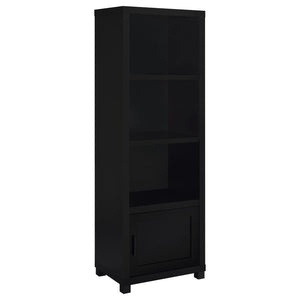 Immerse yourself in the sleek sophistication of this media tower bookcase, a beacon of organization and style. With three tiers of shelving, it presents a stage for your cherished books and collectibles, turning clutter into a curated display. Below, a si