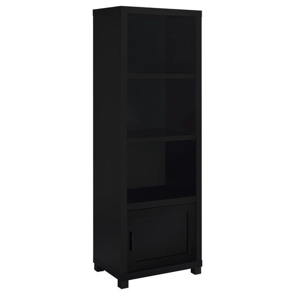 Immerse yourself in the sleek sophistication of this media tower bookcase, a beacon of organization and style. With three tiers of shelving, it presents a stage for your cherished books and collectibles, turning clutter into a curated display. Below, a si