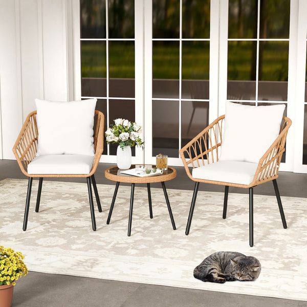 Hand-woven PE rattan combines durability with elegance<br>Soft cushions filled with high-elasticity sponge for added comfort<br>Easy-to-use zippers make it easy to detach and wash cushion covers<br>Thick metal tubes and triangular connectors for excellent