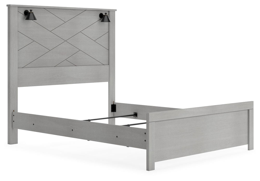 Cool, clean and casually modern. This queen panel bedâ€™s wispy dove gray finish sets the tone for your calming sanctuary. Matte black sconce lights and an abstract design on the headboard bring a fresh look to the bedâ€™s simply stunning profile. <h4><b>