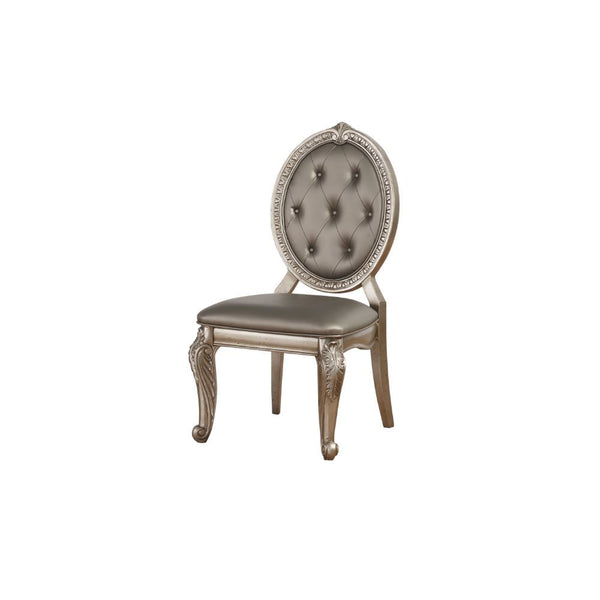 KD, Armless Chair (High Backrest) Stationary Seat: Standard Dining Height Padded SEAT & BACK: PU Cushion with Welt Trim OVAL Backrest: Button Tufted (Inside), Wood Panel with Raised Scrolled Motifs (Outside) Wooden Scrolled Apron Seat: Raised Molding Trim