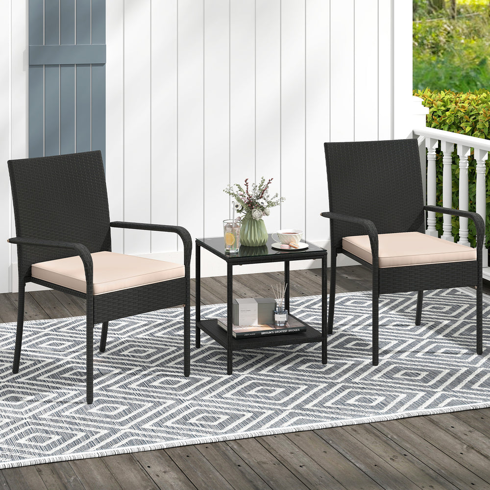 Crafted from appealing and long-lasting PE rattan<br>Comfortable to sit with ergonomic backrest and armrests<br>Soft seat cushions bring more coziness<br>Zippered cushion covers for simple maintenance<br>Side table with 2-tier design for more storage spac