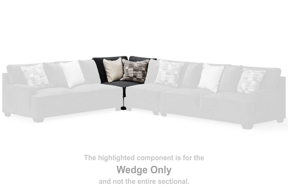 This wedge is made with polyester upholstery. Pairs with other items in the series to make a sectional.<br><br><b>Additional Dimensions</b><br><ul><li>24-" Toss Pillow: 0-"</li><li>Leg height: 3-"</li><li>Minimum width of doorway for delivery: 32-"</li><l