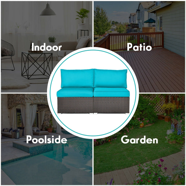 Power coated and solid steel frame adds sturdiness<br>Tight and hand-woven rattan to withstand change of weather<br>Two of the armless chairs can be used separately<br>Aluminum foot pads protect bottom rattan from scratching<br>Can be added to the same st