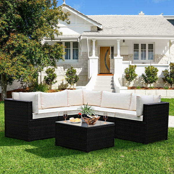 Weather-resistant PE rattan wicker for long outdoor use <br>Sturdy steel frame with excellent stability and sturdiness <br>L-shaped footpads protect the floor and enhance stability <br>Thick and soft cushions for extra comfort <br>Detachable covers of cus