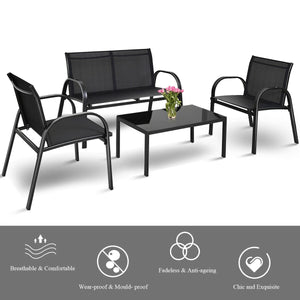Including 1 loveseat  2 single sofas  and 1 tea table with a glass top<br>High quality and brand new<br>Modern and fashionable design<br>Solid steel frame  durable and sturdy<br>Tea table with a large tabletop<br>Perfect display<br>Wonderful for outdoor l