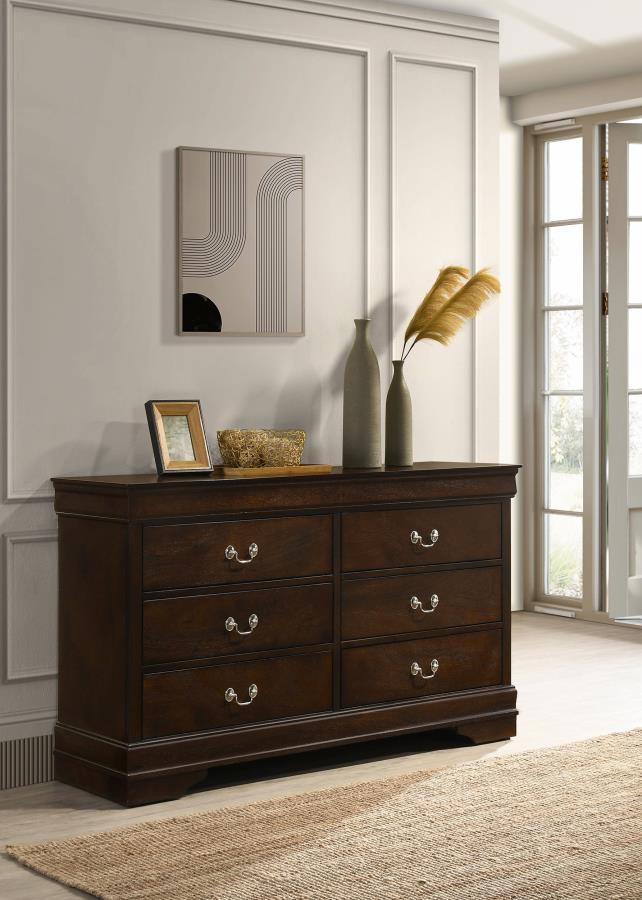 Polish up a traditional decor scheme with this six-drawer dresser, featuring simple and elongated details. Add extra dimension with an exposed wood grain in a warm cappuccino finish. Sleek and simple, radiate classic style and sophistication with the cont