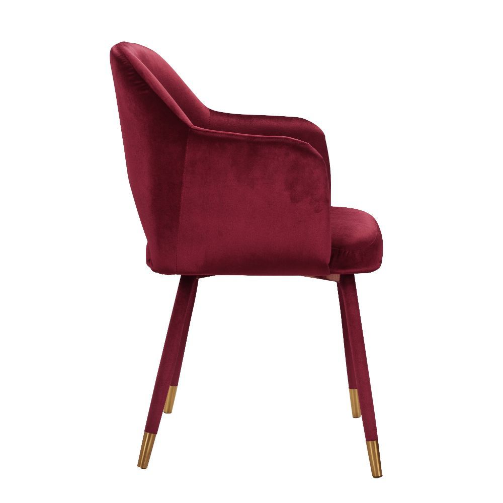 This Applewood accent chair is the perfect piece to add life to any room. It will give your space an instant makeover. Featuring a luxurious Bordeaux-Red velvet that screams indulgence. Its tight mid-back barrel backrest with an open frame is the ideal co