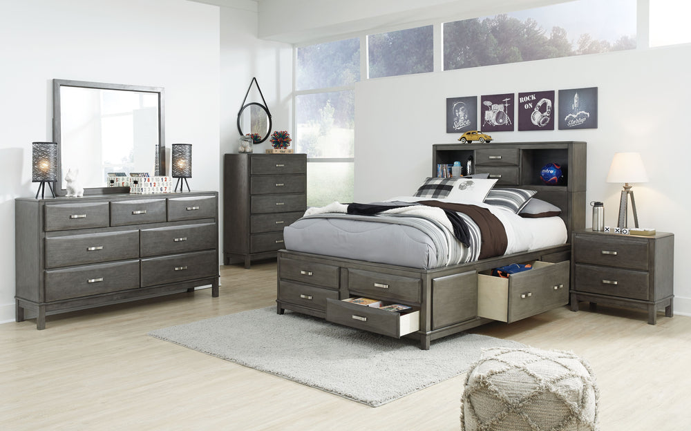 Casual contemporary design. Made with select wood solids, veneers and engineered wood. Contoured drawer fronts with pressed veneer face. Dovetail drawer construction with metal center guides. Stylish metal bar pulls. Captain-'s style storage bed features 