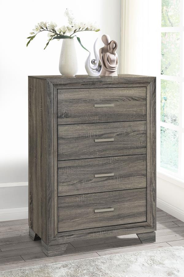 Upgrade your storage options for clothing and accessories with this transitional four-drawer chest. It delivers restrained, understated style with organic appeal, owing to its brown oak wood grain finish. Laminate surfaces add durability and resistance to