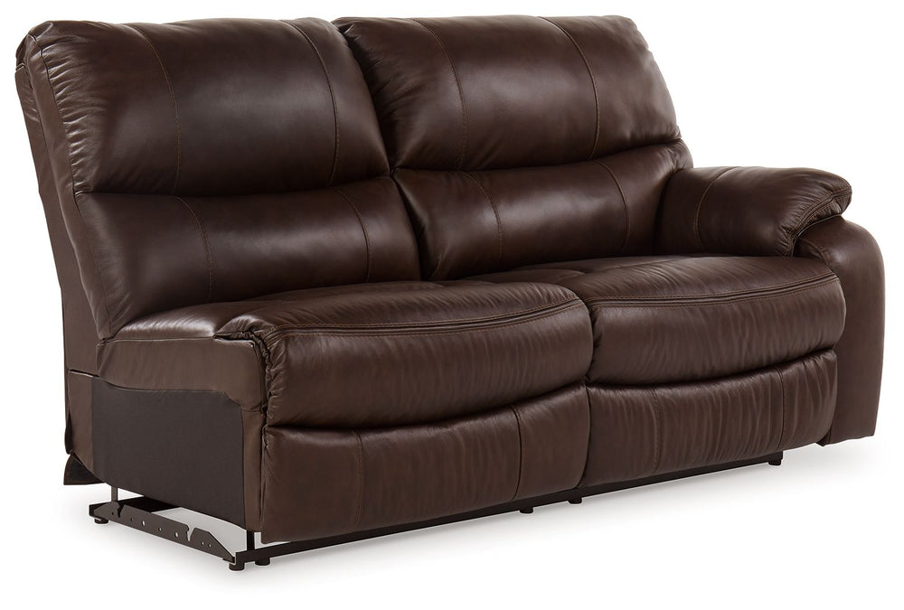 This right-arm facing power reclining loveseat is made with a combination of 100% top grain leather and faux leather upholstery. Pairs with other items in the series to make a sectional.<br><br><b>Additional Dimensions</b><br><ul><li>Arm height: 27-"</li>